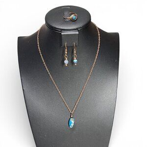 African Turquoise & Copper Jewelry Set - Necklace Earrings & Ring Size 7